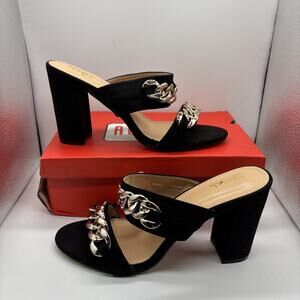 NIB Rouge Black Faux Suede Block Heel Mules Gold Chain Sandals Women's Size 10